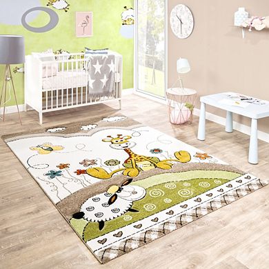 Kid's Rug Nursery Baby Giraffe & Sheep in Beige Cream with Contour Cut