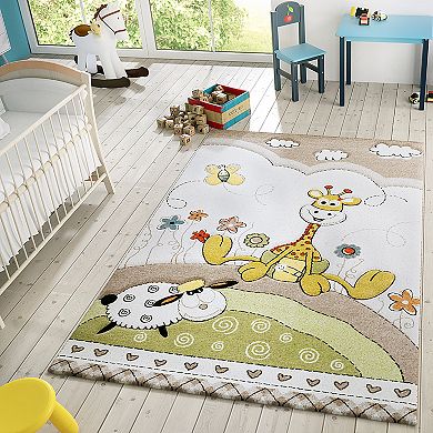 Kid's Rug Nursery Baby Giraffe & Sheep in Beige Cream with Contour Cut