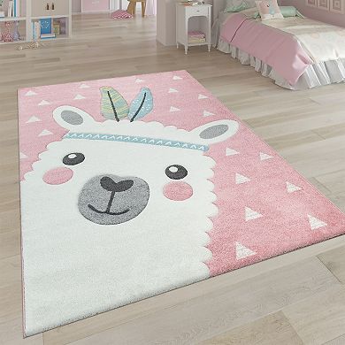 Cute Kids Rug with Llama Motif for Nursery in Pastel Tones
