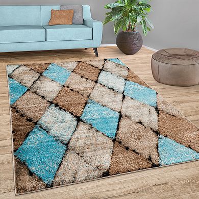 Area Rug for Living Room with Diamond Pattern in Beige Blue Brown