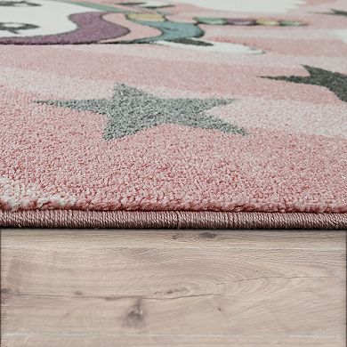 Kids Rug for with Baby Unicorn Motif in Pink Pastel
