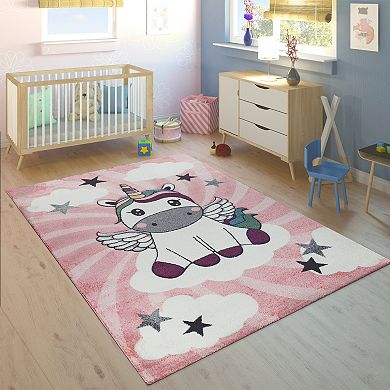 Kids Rug for with Baby Unicorn Motif in Pink Pastel