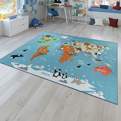 World Map Play Mat for Kids Educational Rug with Animals in Blue
