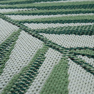 Green Beige Outdoor Rug with Palm Leaf Pattern for Patio or Balcony