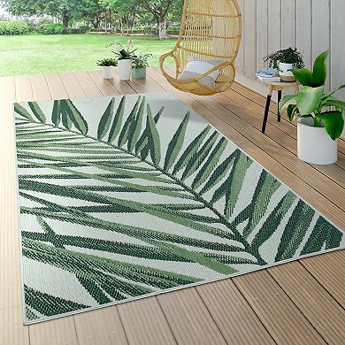 Green Beige Outdoor Rug with Palm Leaf Pattern for Patio or Balcony