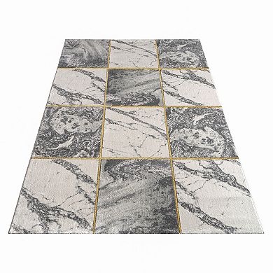 White Gold Grey Living Room Rug with luxurious Marble Pattern in 3D