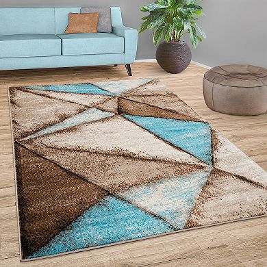 Brown Blue Area Rug for Living Room with Geometric Pattern