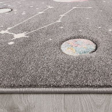 Space Rug for Kids Colorful Galaxy with Planets and Stars in Grey