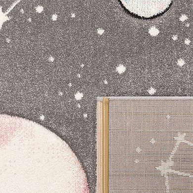 Space Rug for Kids Colorful Galaxy with Planets and Stars in Grey