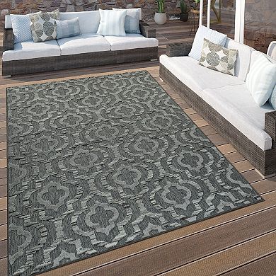 Dark Grey Outdoor Rug with Modern Moroccan Ornament Pattern for Patio