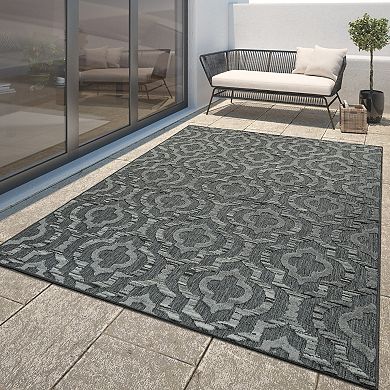Dark Grey Outdoor Rug with Modern Moroccan Ornament Pattern for Patio