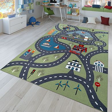 Kids Play-Mat Rug Green Landscape with Roads & Traffic for Playroom