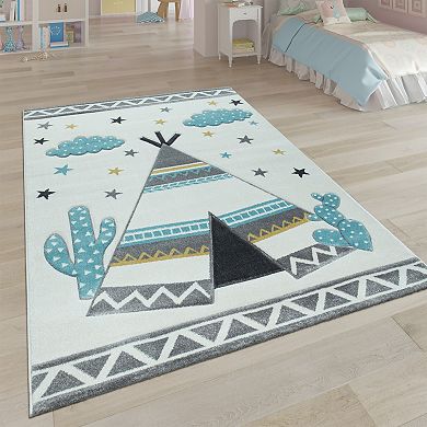 Kid's Rug for Children's Rooms in Beige Pastel Colors with Indian Tent