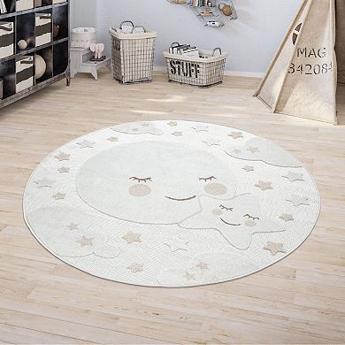 Round Kids Rug Cuddly Moon and Stars Motif Indoor & Outdoor