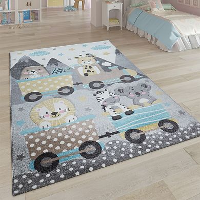 Kids Rug for Childrens Room Colorful Animals on a Train in Grey