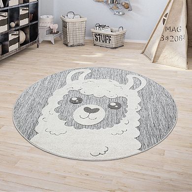 Round Kids Rug Llama Motif with Contour Cut in Mottled Grey