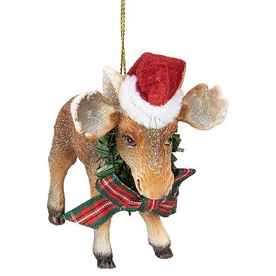 3.5-Inch Moose Wearing Santa Hat and Plaid Bow Christmas Ornament