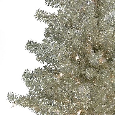 6' Pre-Lit Silver Champagne Artificial Metallic Tinsel Christmas Tree - Clear Lights