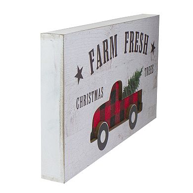 16" Farm Fresh Black and Red Buffalo Plaid Farm Truck Wooden Christmas Sign