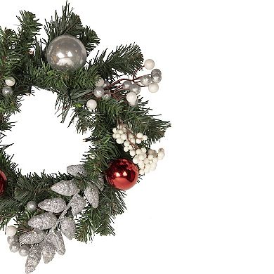 16" Pre-Lit Decorated Green Pine Artificial Christmas Wreath  Warm White LED Lights