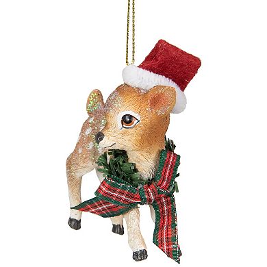 3" Fawn Reindeer Wearing Santa Hat and Plaid Bow Christmas Ornament