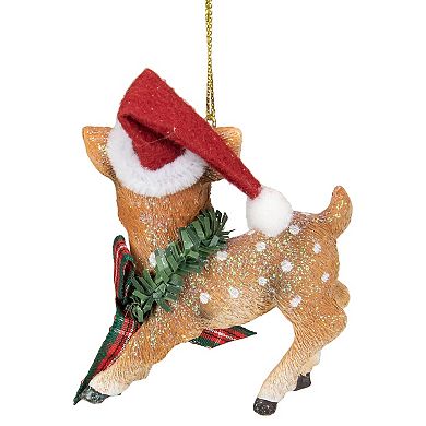 3" Fawn Reindeer Wearing Santa Hat and Plaid Bow Christmas Ornament