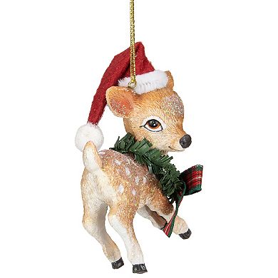 3" Fawn Reindeer Wearing Santa Hat and Plaid Bow Christmas Ornament