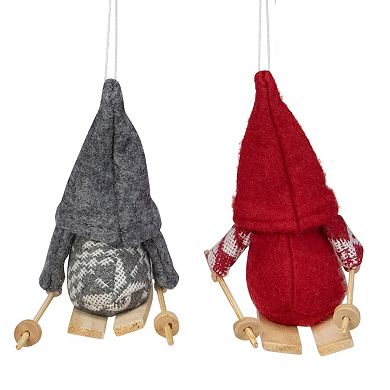 Set of 2 Gray and Red Skiing Santa Gnome Christmas Ornaments 4"