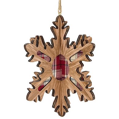 7-Inch 3-D Faux Wood and Red Plaid 10 Point Snowflake Christmas Ornament