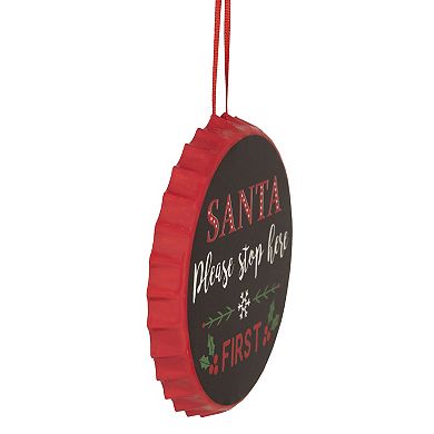 4" Black 'Santa Please Stop Here First' Bottle Cap Christmas Ornament