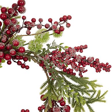 Artificial Frosted Red Berry and Pine Christmas Wreath  16-Inch  Unlit