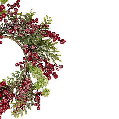 Artificial Frosted Red Berry and Pine Christmas Wreath  16-Inch  Unlit