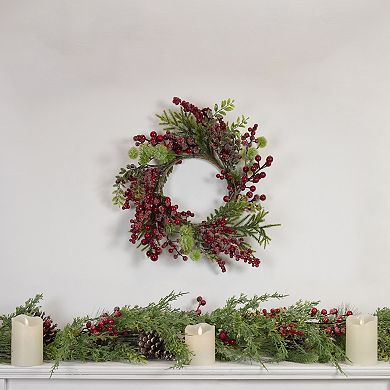 Artificial Frosted Red Berry and Pine Christmas Wreath  16-Inch  Unlit