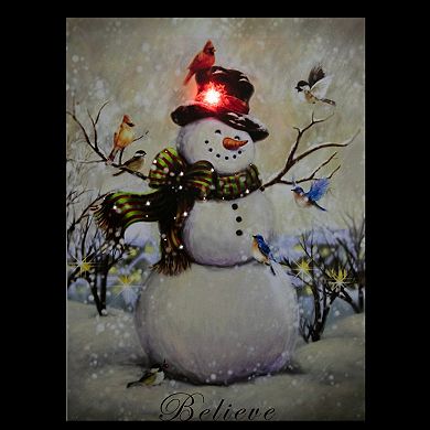 LED Lighted Snowman and Bird Friends Christmas Canvas Wall Art 15.75" x 11.75"