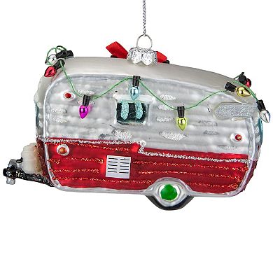 5" Red and White Vintage Camper Glass Christmas Ornament