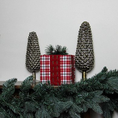 8" Red and Green Plaid Square Gift Box with Pine Bow Table Top Christmas Accent