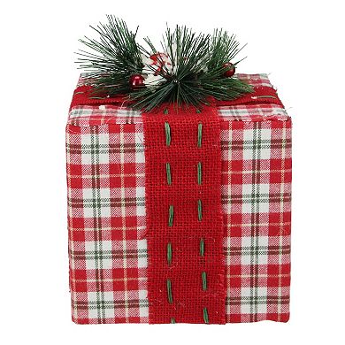 8" Red and Green Plaid Square Gift Box with Pine Bow Table Top Christmas Accent