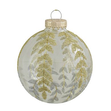4ct Clear and Gold Glitter Leaves Glass Christmas Ball Ornament 3.25" (80mm)