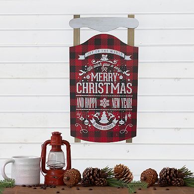 24” Red and Black Buffalo Plaid Merry Christmas Sled Wooden Hanging Wall Sign