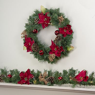 6' x 10" Pine and Poinsettias Artificial Christmas Garland - Unlit