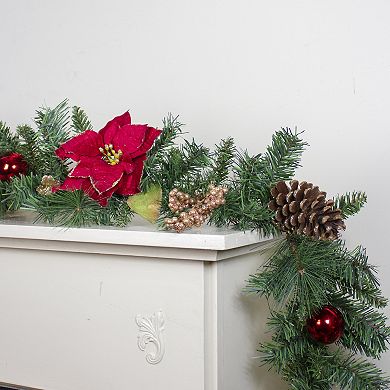 6' x 10" Pine and Poinsettias Artificial Christmas Garland - Unlit