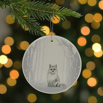 4" White and Silver Arctic Fox Porcelain Disc Christmas Ornament