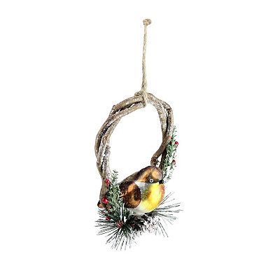 4" Brown Bird Sitting in a Twig Wreath Christmas Ornament