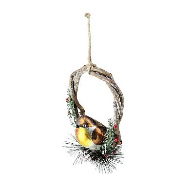 4" Brown Bird Sitting in a Twig Wreath Christmas Ornament