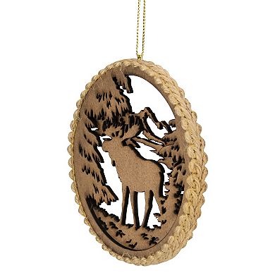 4.25 in Moose with Forest Trees Disk Christmas Ornament  Brown