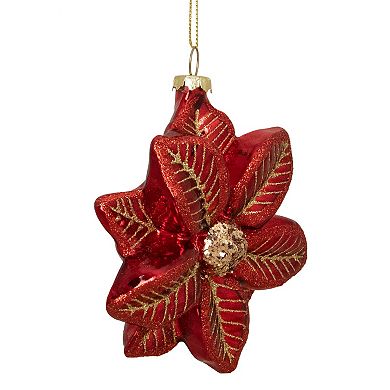 5" Red and Gold Glittery Poinsettia Glass Christmas Ornament