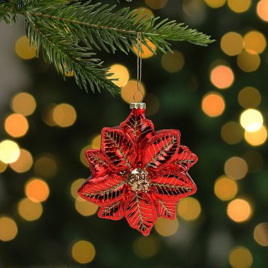 5" Red and Gold Glittery Poinsettia Glass Christmas Ornament
