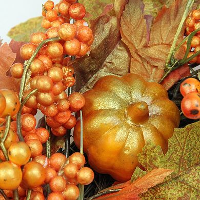 Fall Leaves  Pumpkins and Berries Artificial Thanksgiving Wreath  22-Inch  Unlit