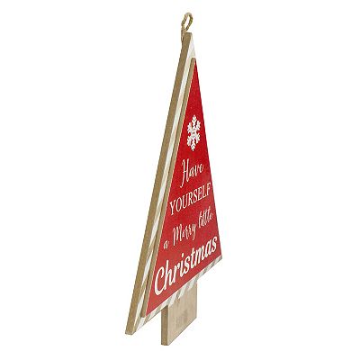 16” Red and White Merry Little Christmas Tree Wooden Hanging Wall Sign