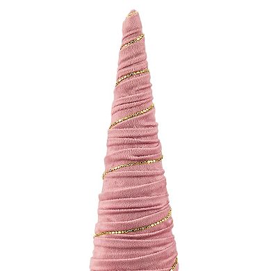 15.25" Pink Fabric with Gold Garland Christmas Cone Tree